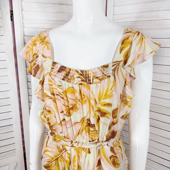 June & Hudson Tropical Print Belted Wide Leg Jumpsuit Pink Yellow Medium - Picture 5 of 12